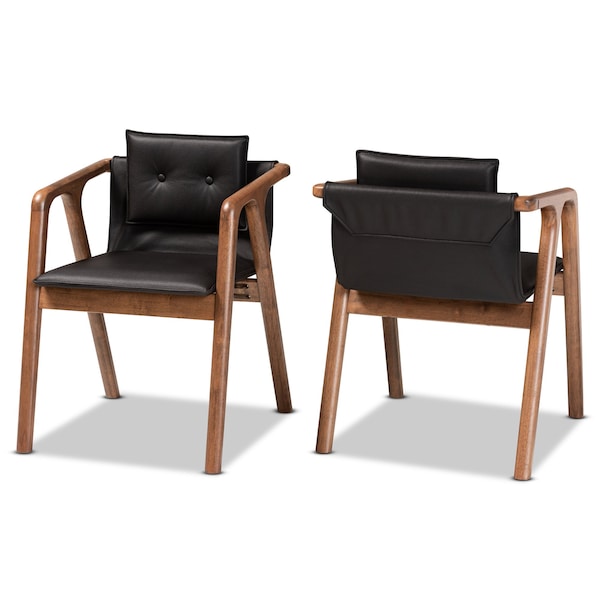 Marcena Mid-Century Modern Black Imitation Leather Upholstered 2-Piece Wood Dining Chair Set